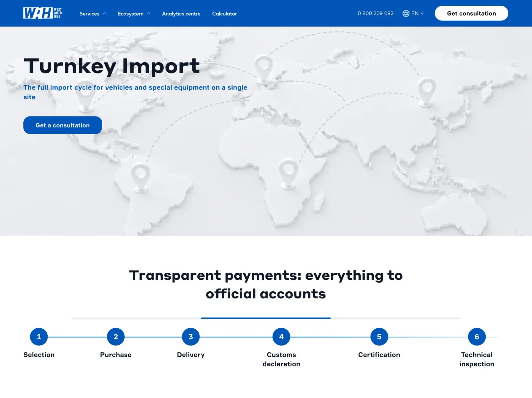Turnkey import page with the six-step flow