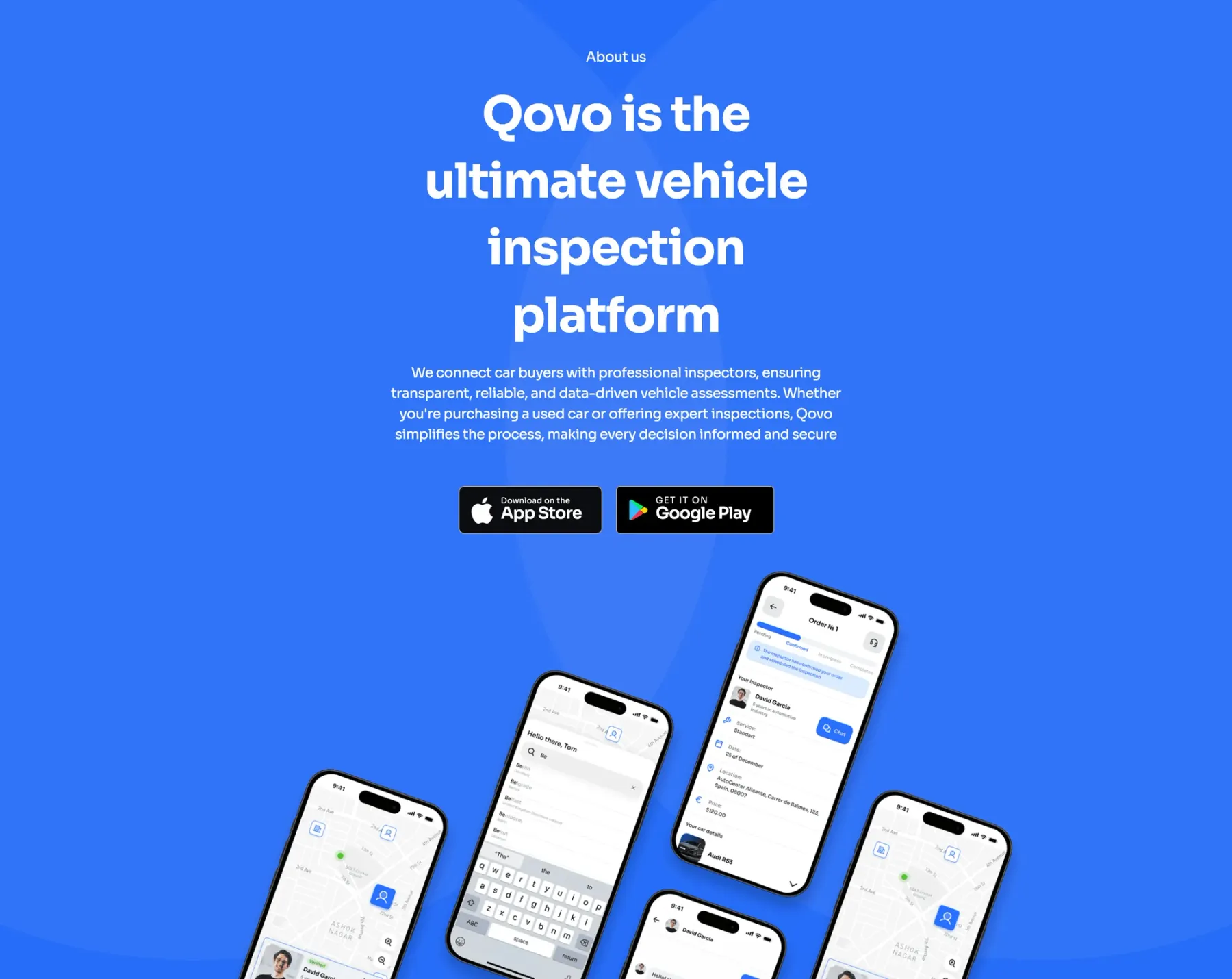 Qovo website about section with app screens