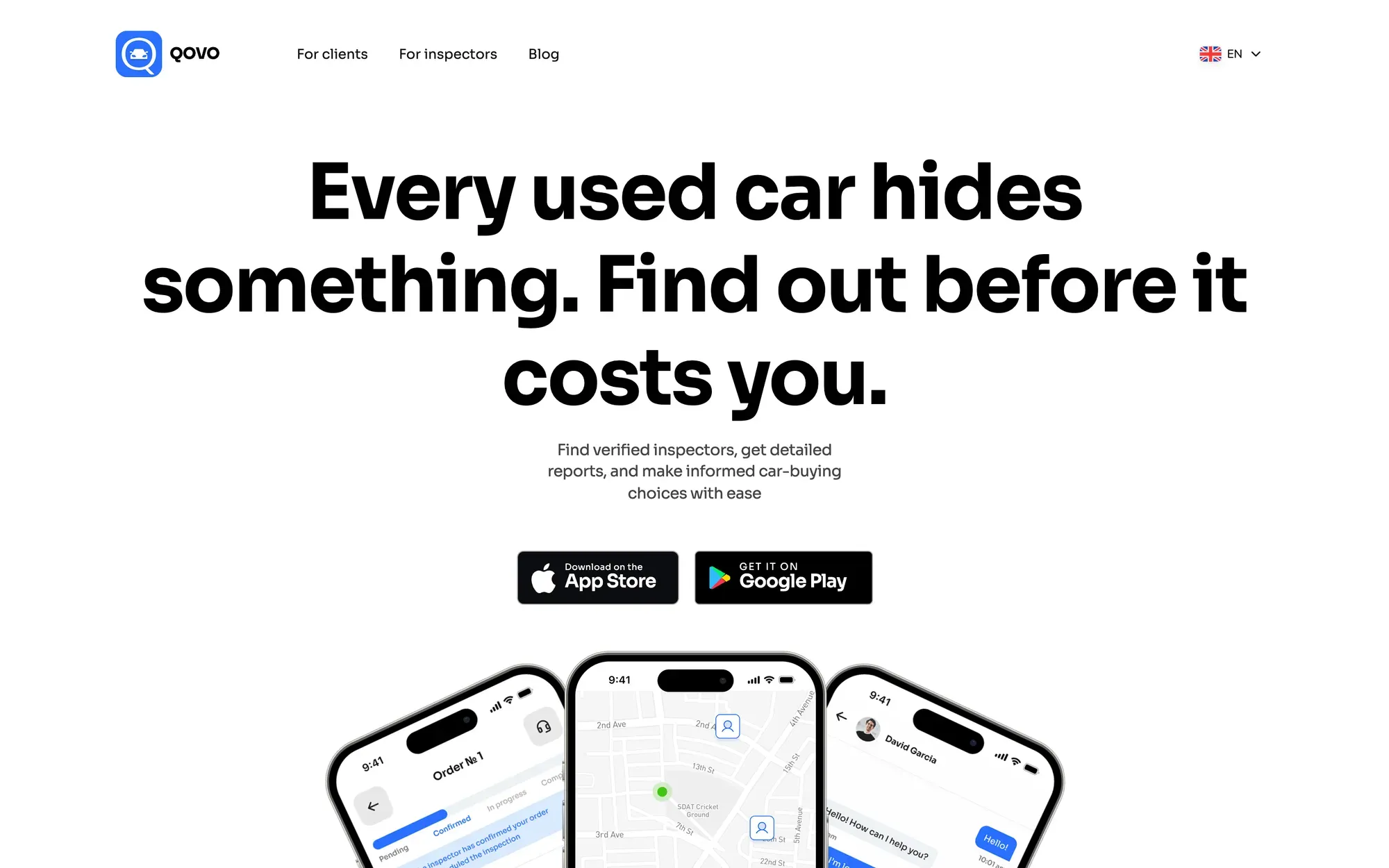 Qovo website hero: every used car hides something