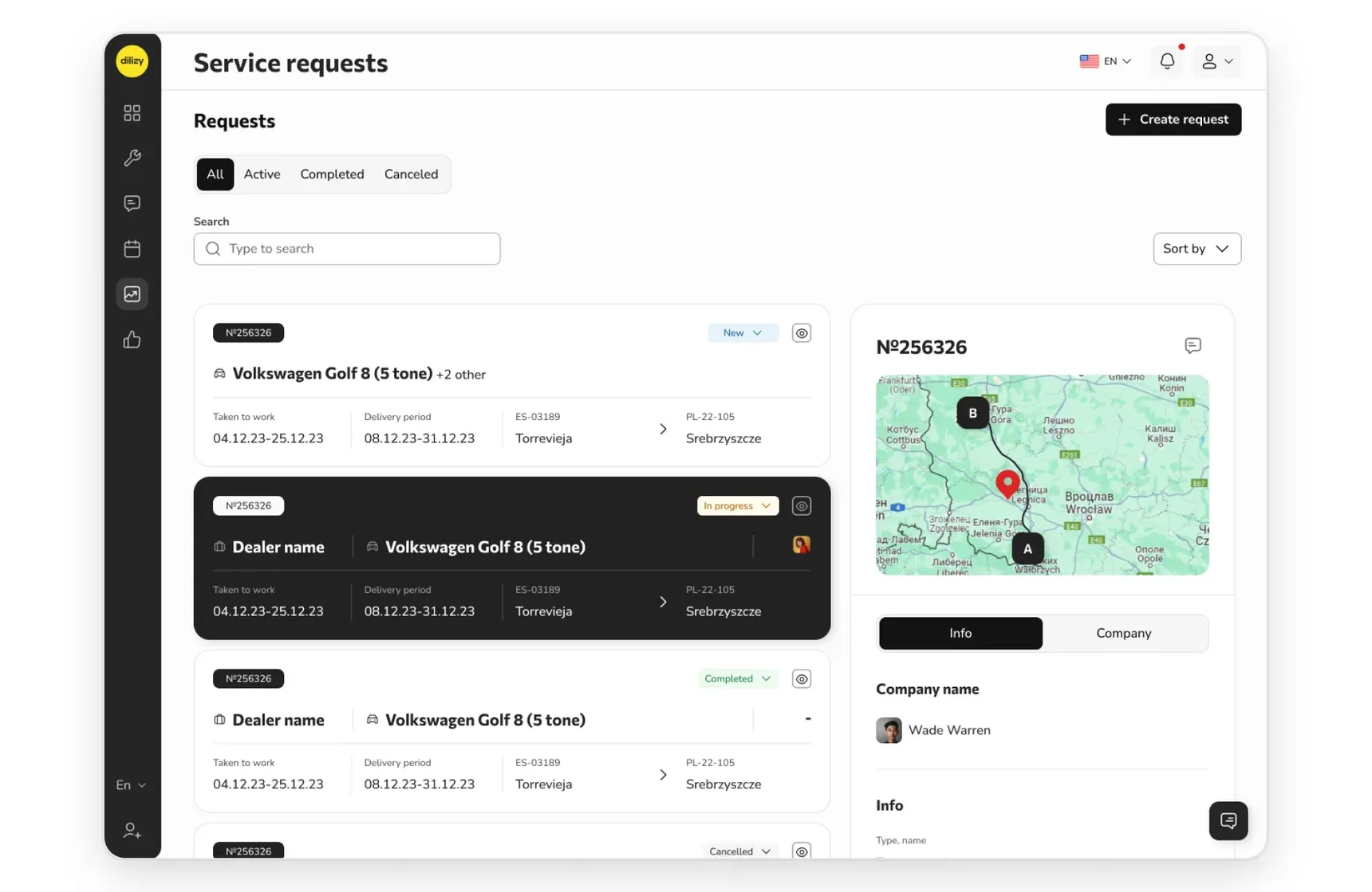 Transport marketplace service requests list with a route map