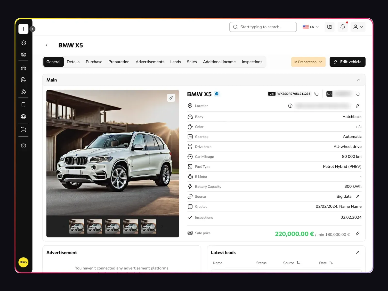 Dilizy DMS vehicle card with photos, specs, preparation status and sale price