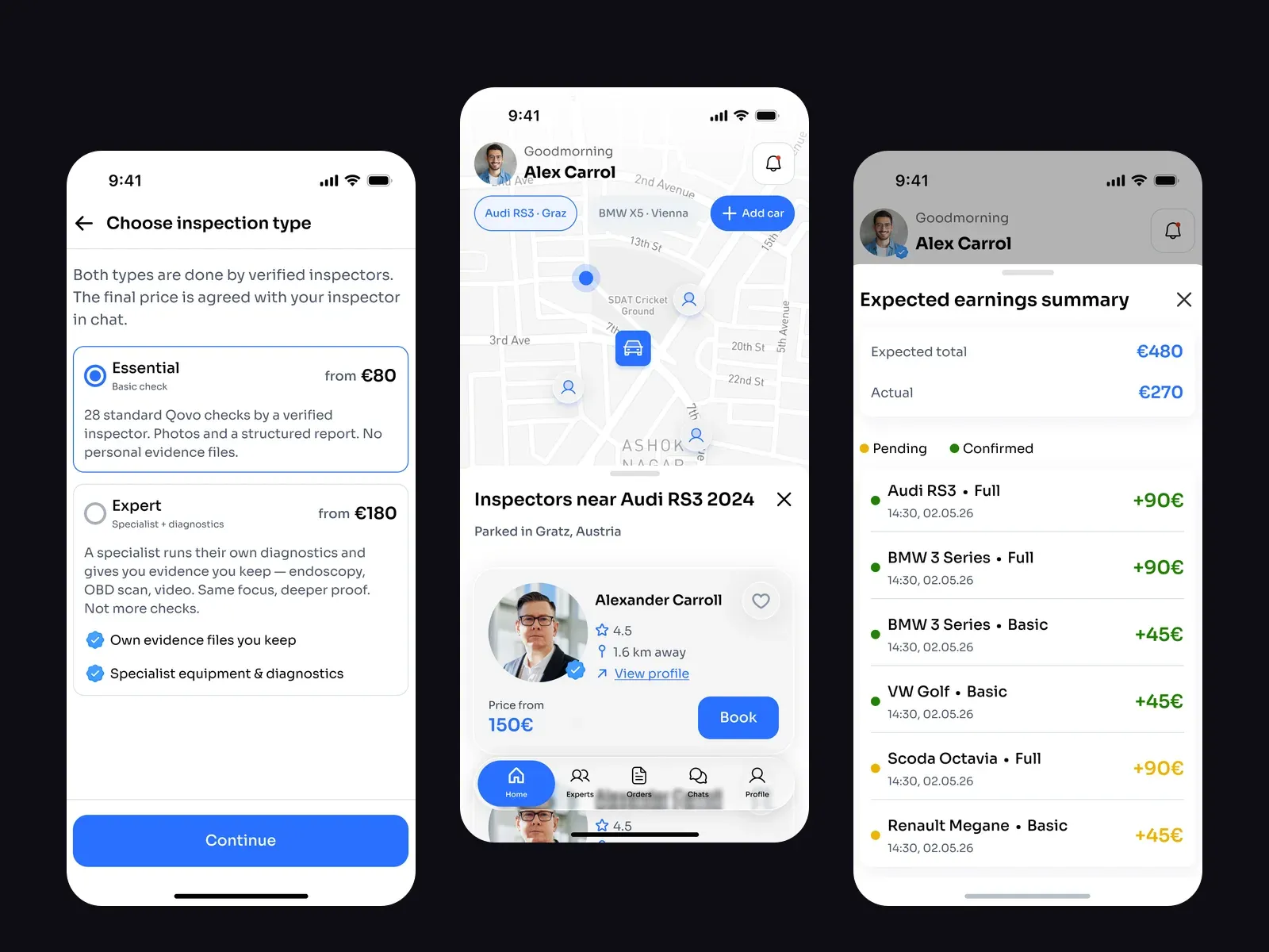 Three screens of the Qovo app: booking, home and inspector earnings