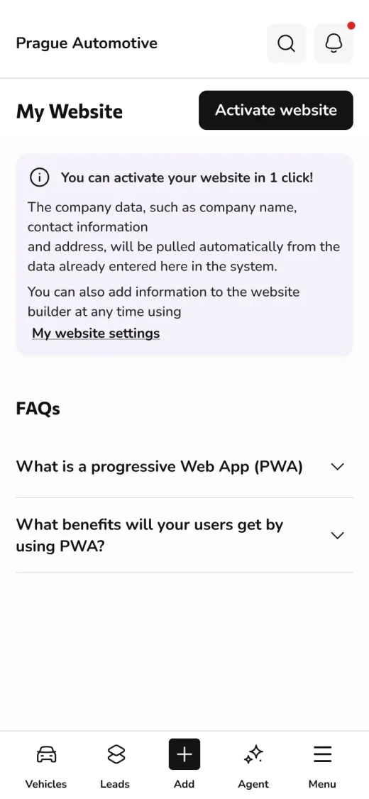 Dealer website settings in the app