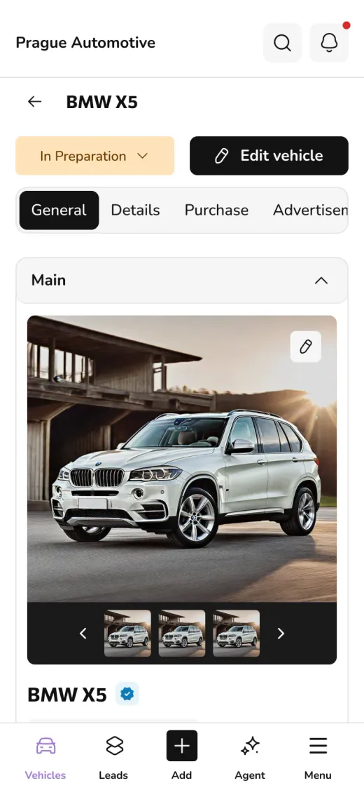 Vehicle card in the app