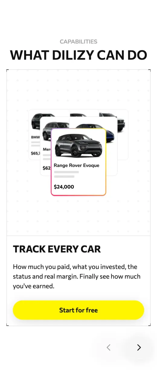 Dilizy website capabilities carousel on a phone: track every car