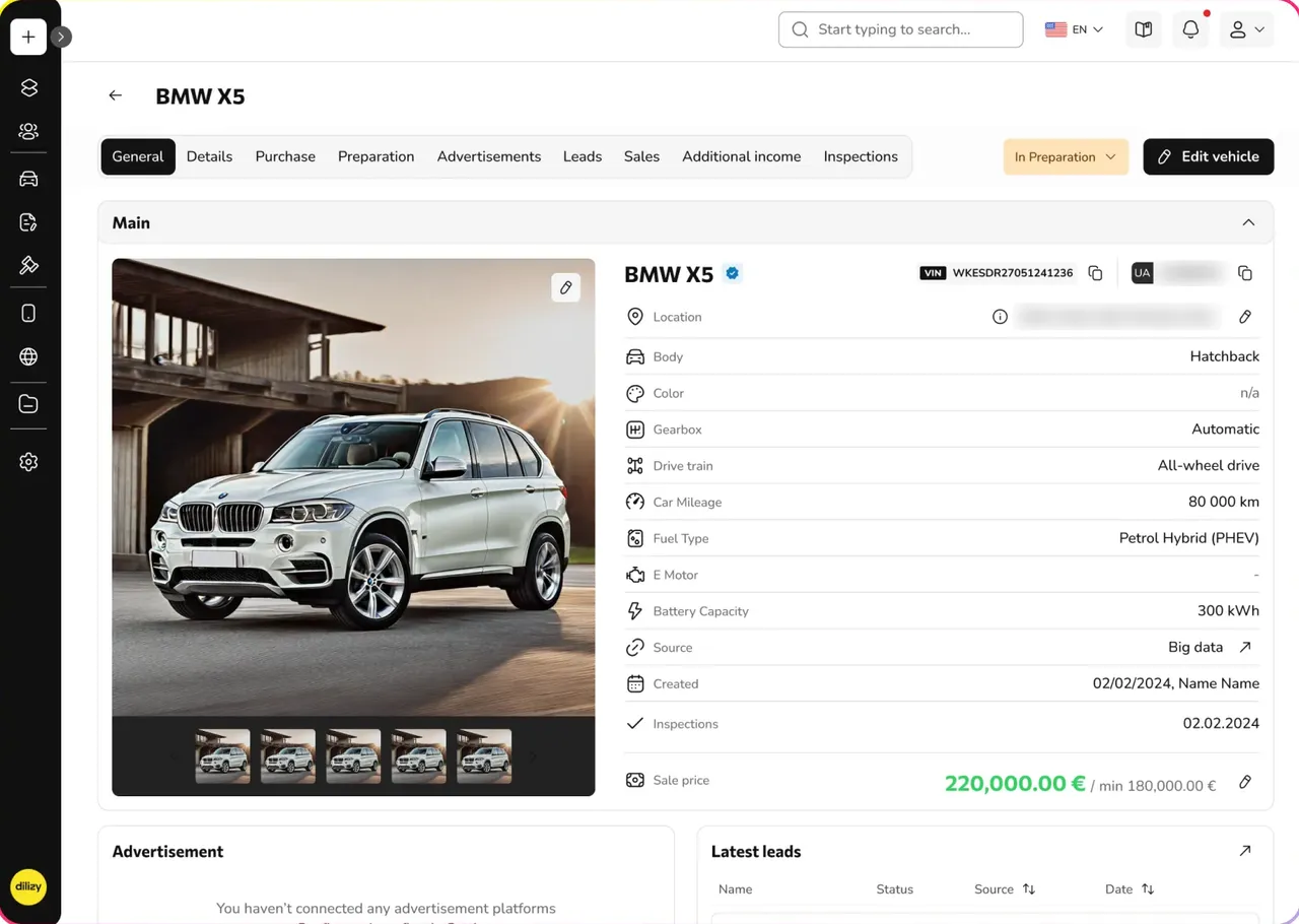 Dilizy DMS, the vehicle card in the dealer management system