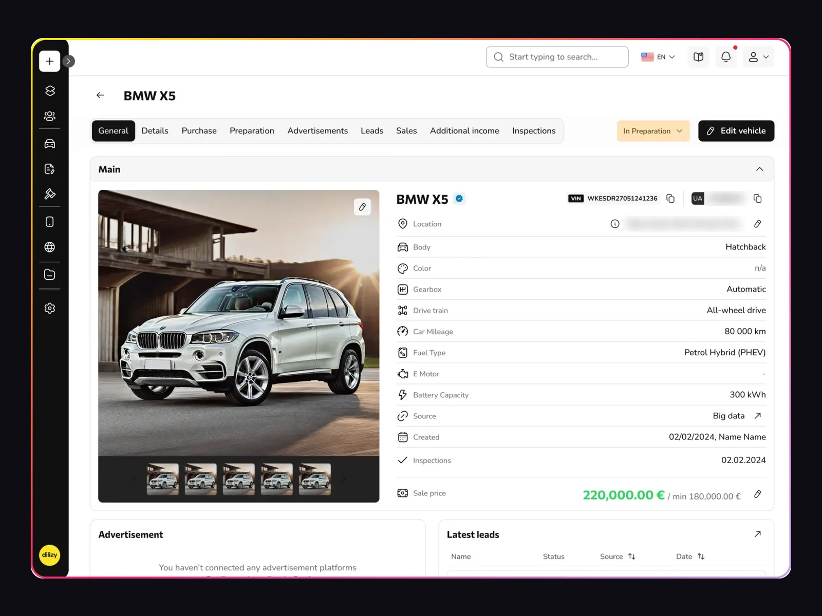 Dilizy DMS vehicle card with photos, specs, preparation status and sale price